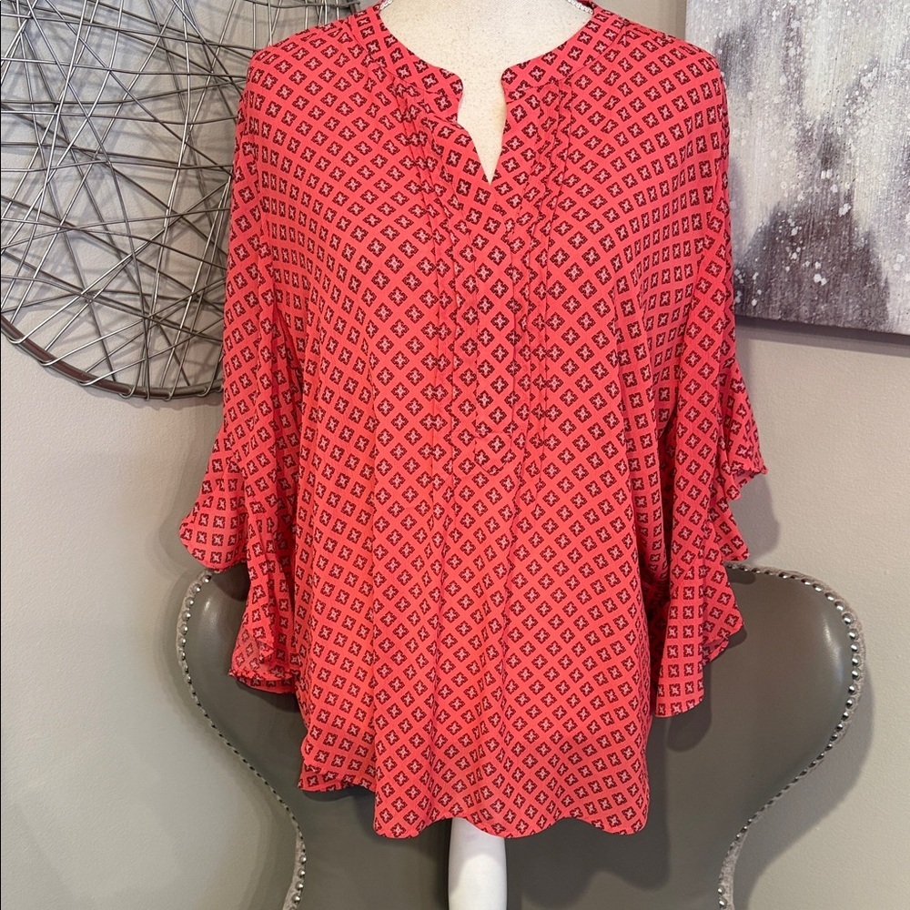Vince Camuto Women’s Coral Geo Print Ruffle-Sleeve Tunic Top Size Large
